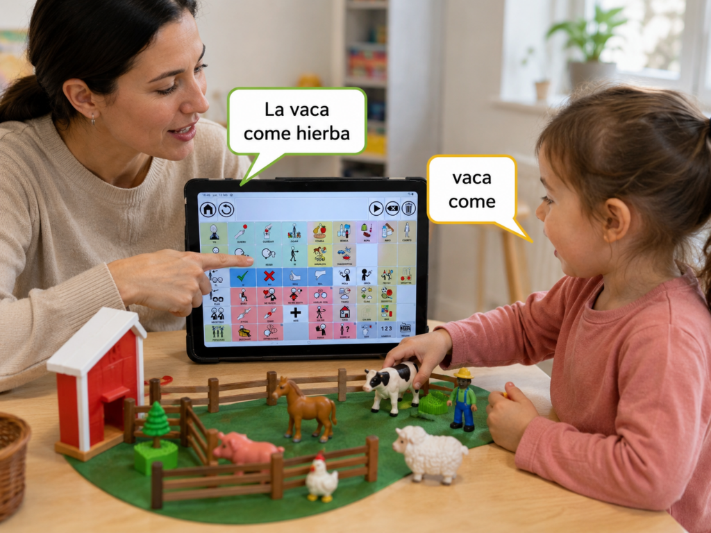 que es un saac. mamá y niño haciendo lenguaje natural asistido