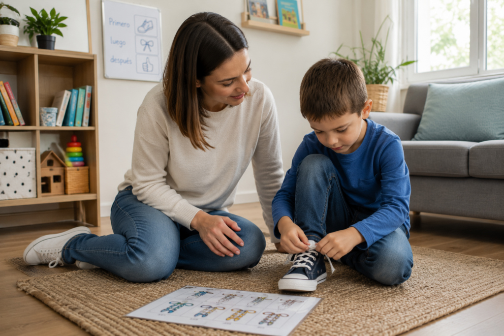 Tratamiento para el autismo: profesional enseñando a un niño autista a atarse los cordones durante una intervención en el hogar.